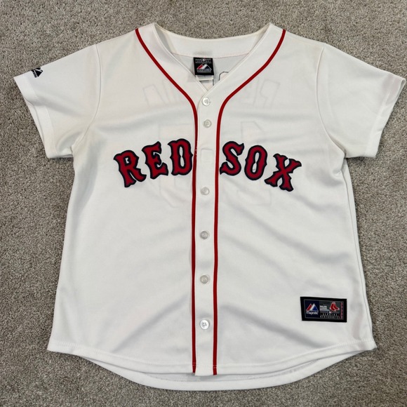Majestic Tops - Majestic Baseball Jersey Womens L White Red Sox Dustin Pedroia 15 MLB Fan Gear